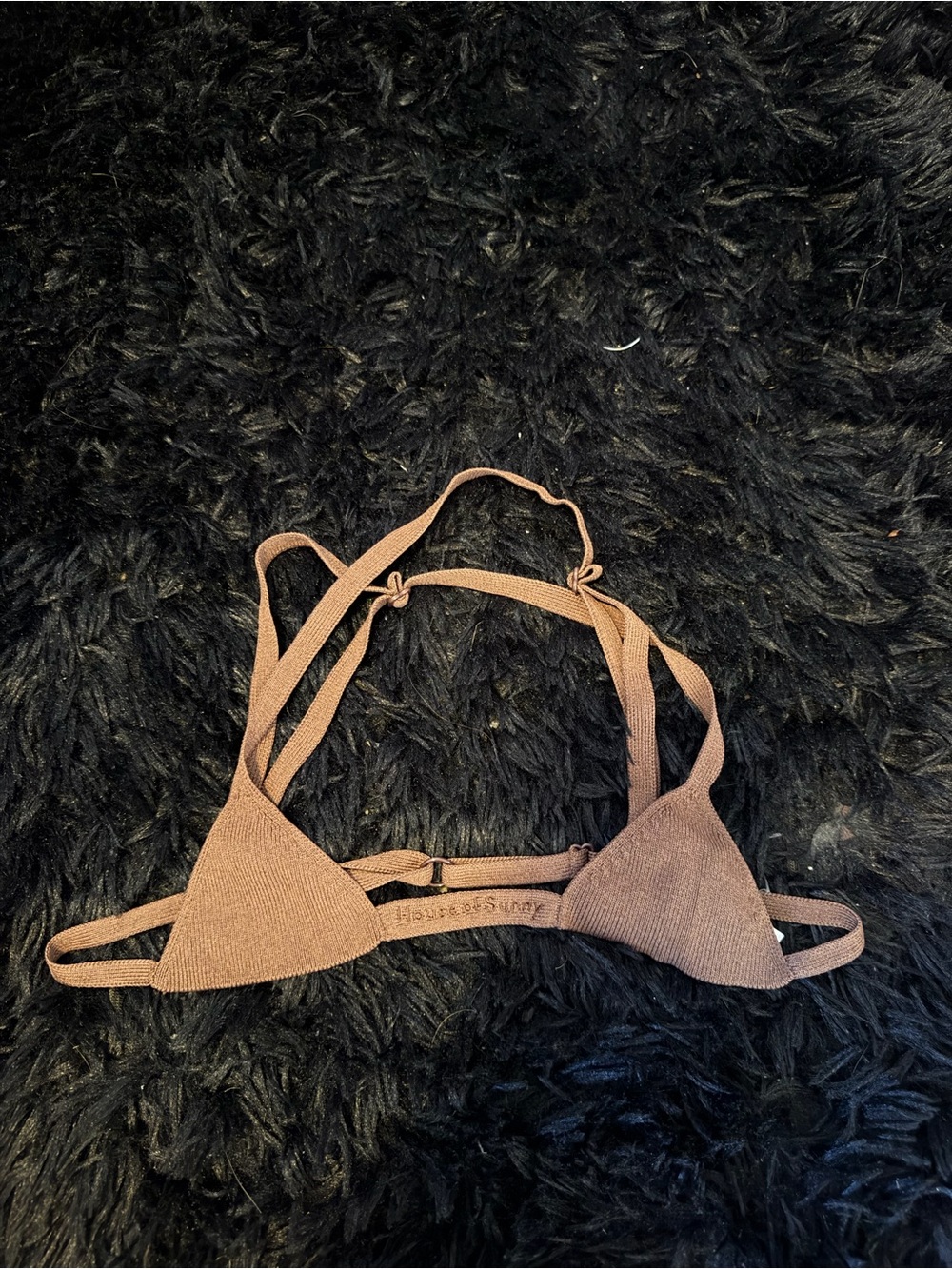 House of Sunny Ribbed Brown Triangle Bikini Top